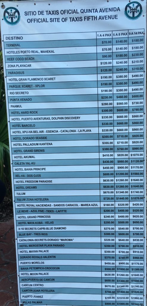 Playa Del Carmen Taxi prices for going to hotels outiside of Playa