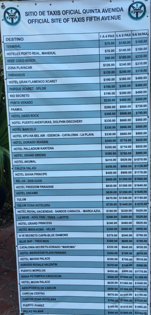 Cozumel Taxi Fare Chart