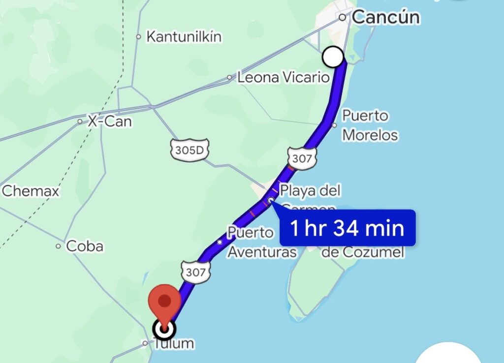 Map Of distance between Cancun Airport and Dreams Tulum