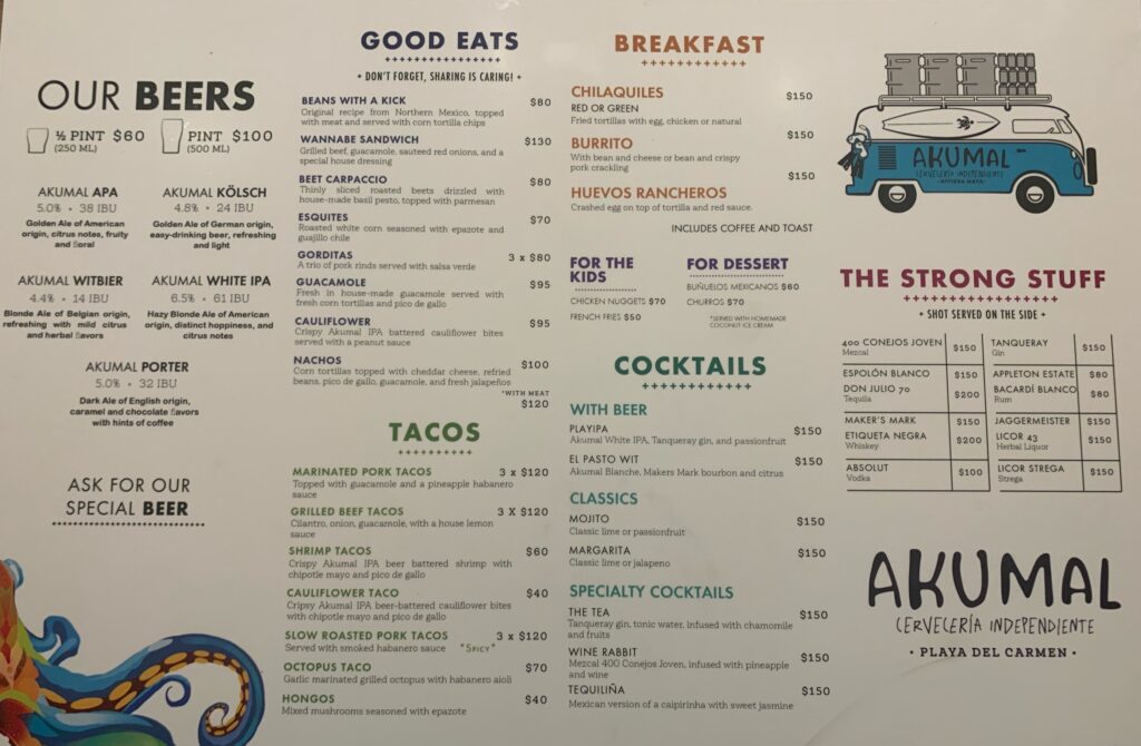 Akumal Cerveceria menu