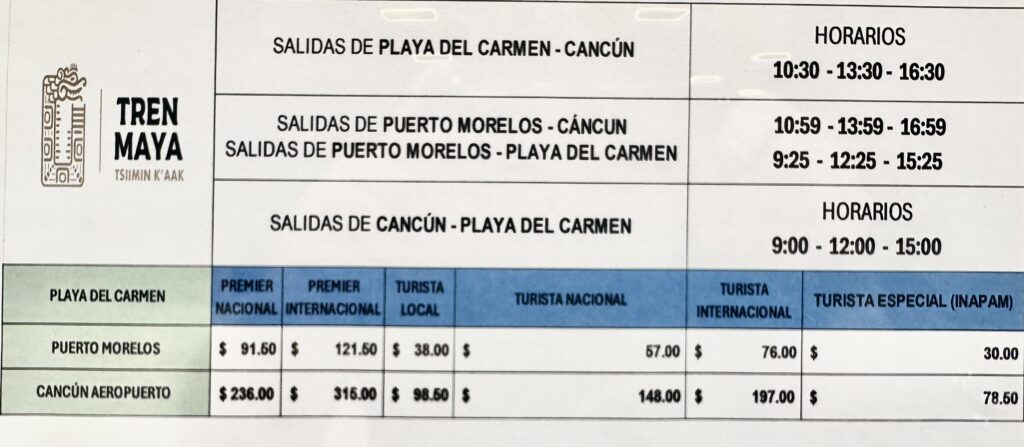 Tren Maya Schedule between Cancun Airport and Playa Del Carmen