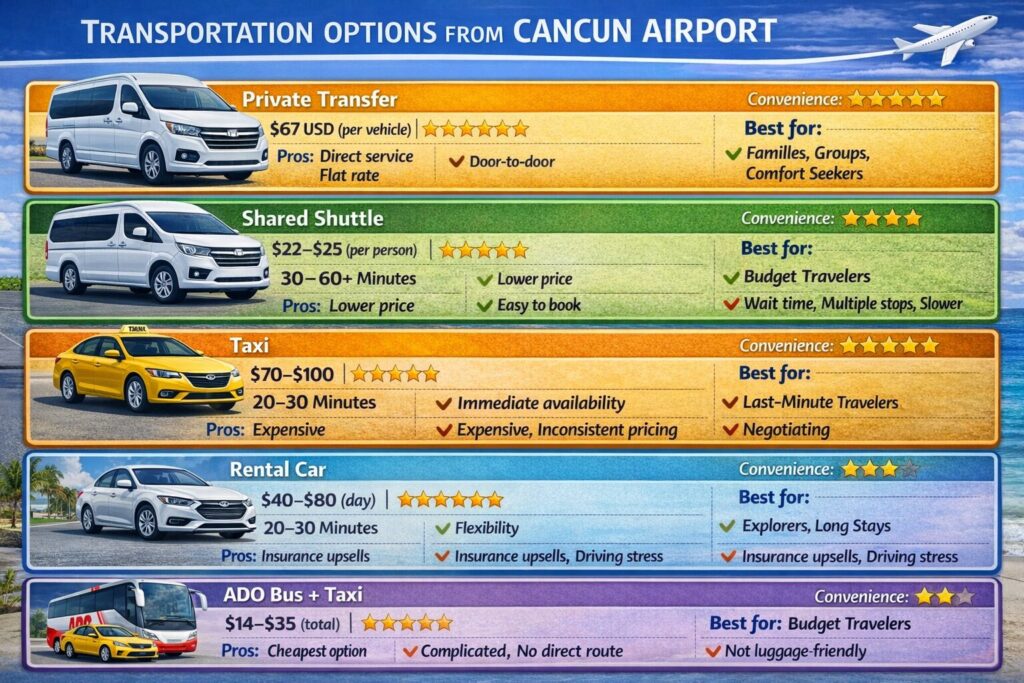 Cancun Airport to Puerto Morelos transportation chart